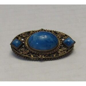 Vtg Czech Marbled Blue Cabochon Ornate Pin Brooch Brass Tone Filigree